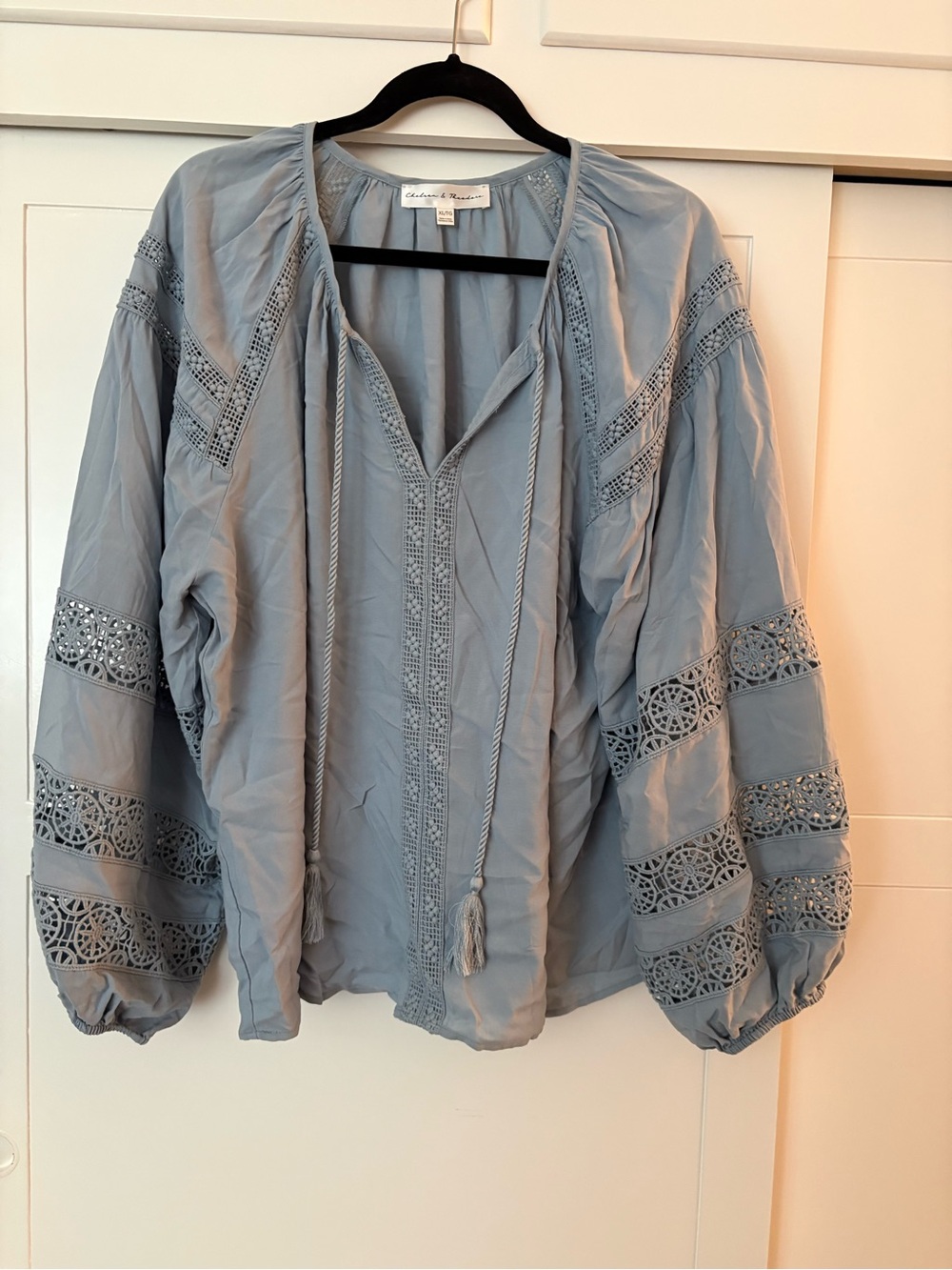 Chelsea & Theodore Light Blue Crochet-Paneled Peasant Blouse